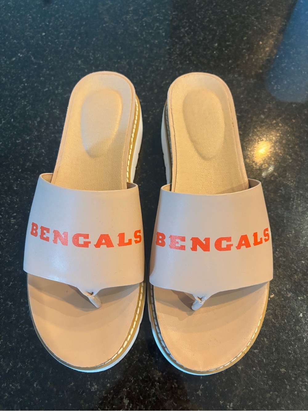 Bengals Women's Slide Sandals in Tan with Orange Logo